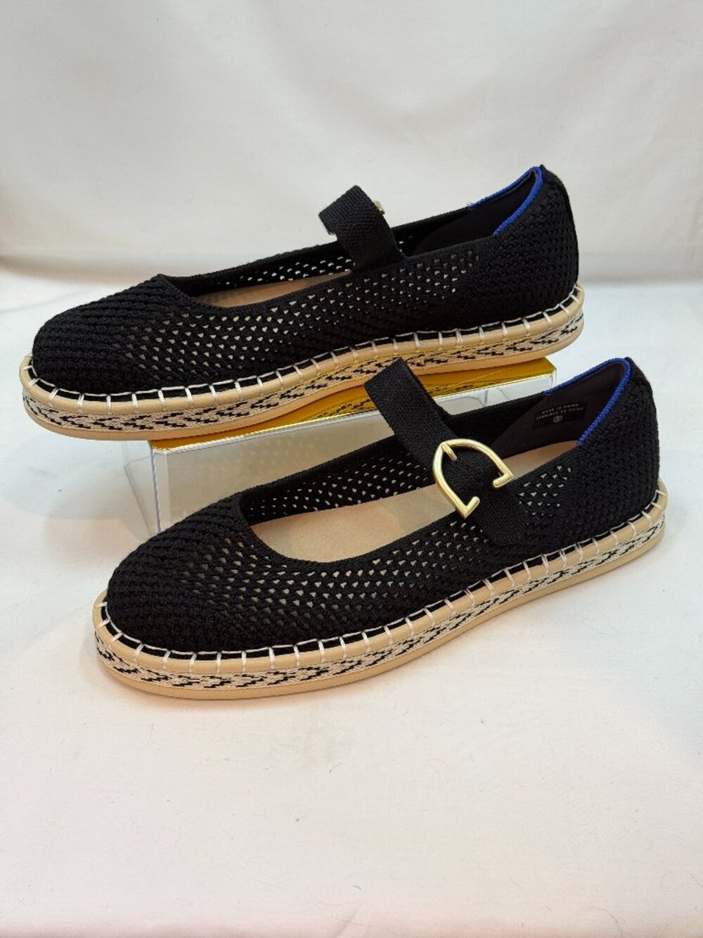 NWOT Rothy’s Espadrille Mary Jane Flats Black Size 8 Knit Gold Buckle